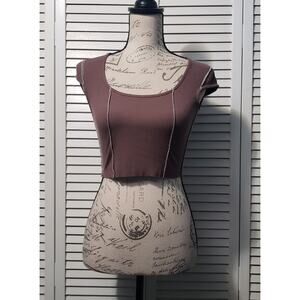 Cider Ribbed Knit Crop Top Women's Small‎ Brown Exposed Seams Raw Hem Stretch